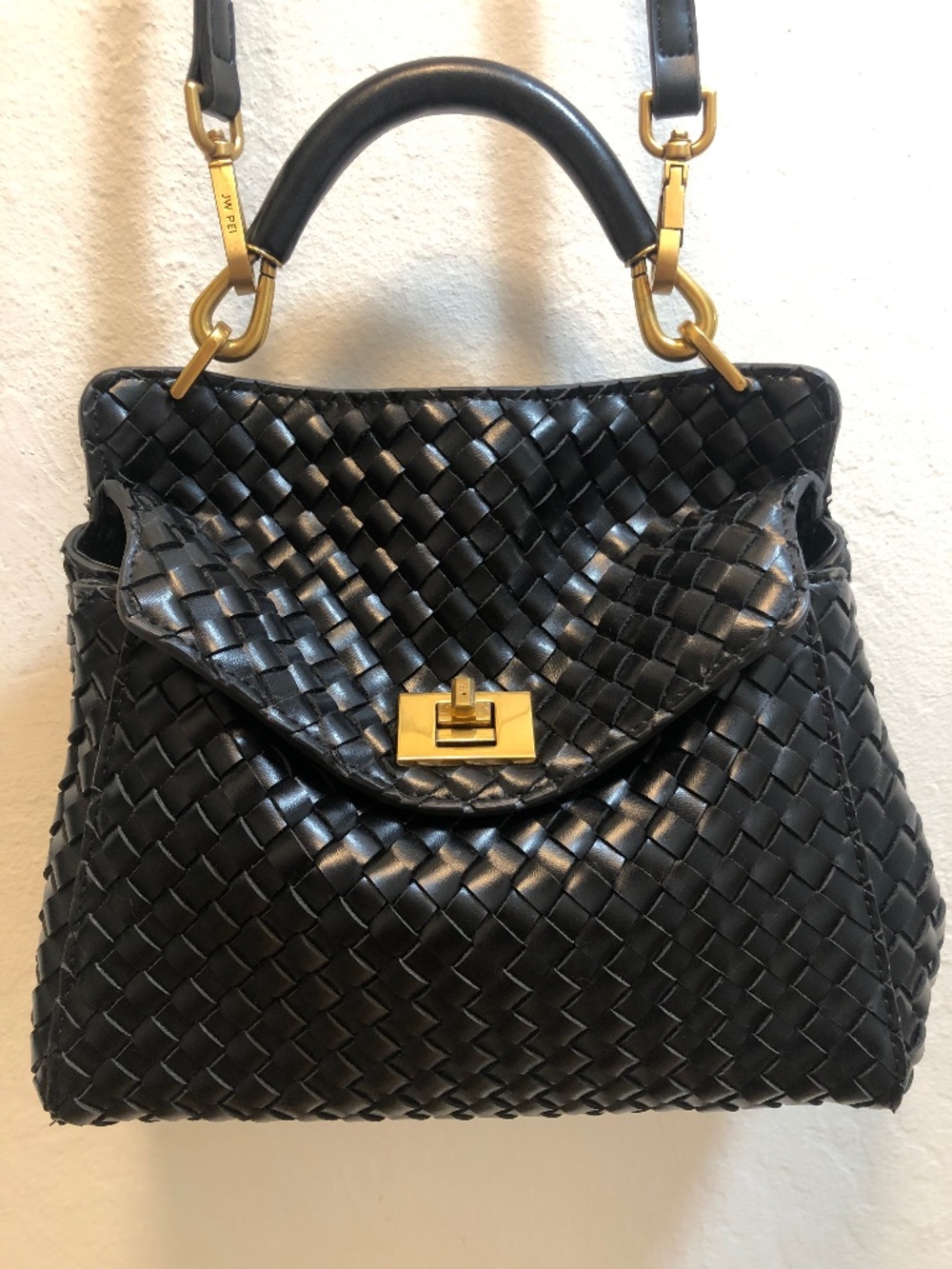 JW PEI Black Woven Top-Handle Shoulder Bag with Gold Hardware